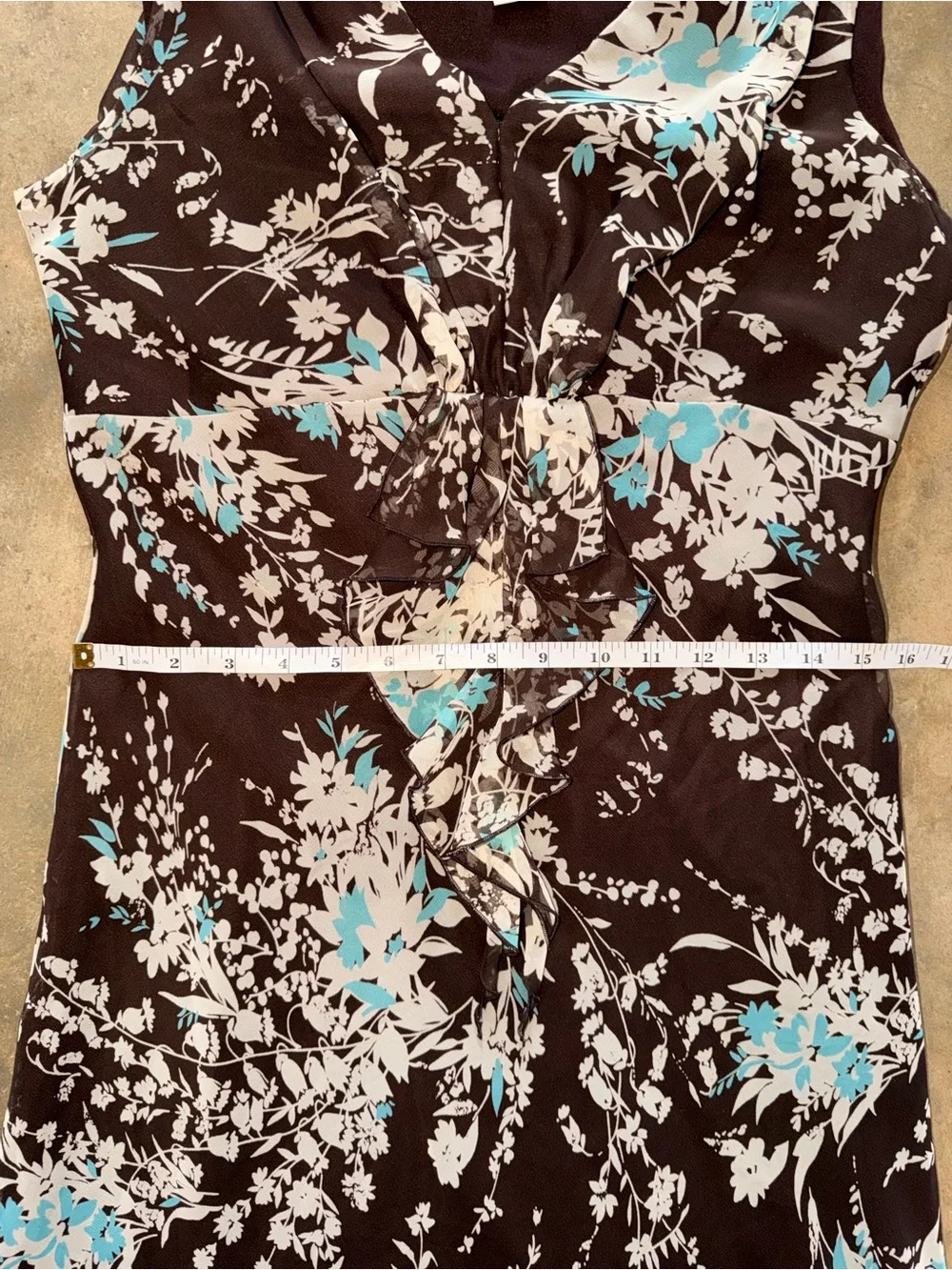 J.B.S. Brown Floral Sleeveless Ruffle V-Neck Midi Dress Size 10 - Picture 7 of 11